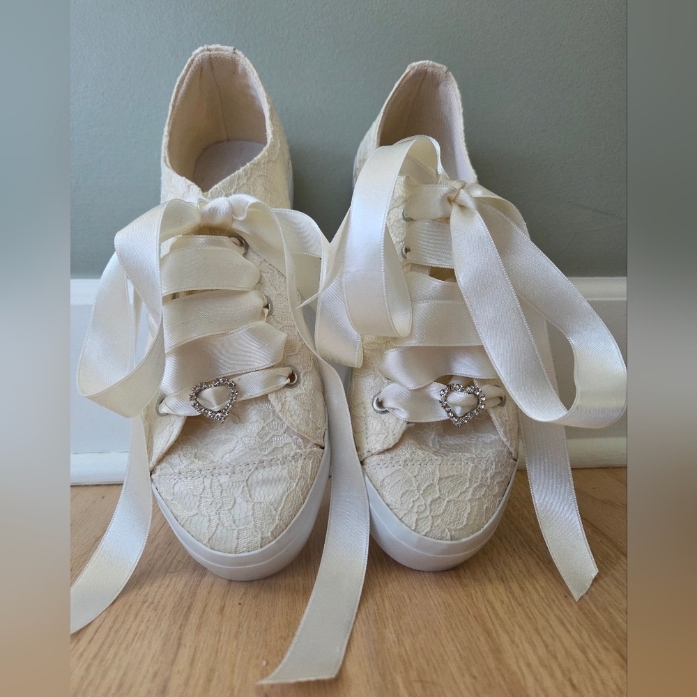 Ivory Lace Ribbon Sneakers with Heart Accent
